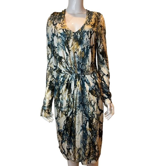 NWT Kenneth Cole Womens Snake Print Sheath Dress V Neck Long Sleeve Multicolor M - Picture 1 of 10